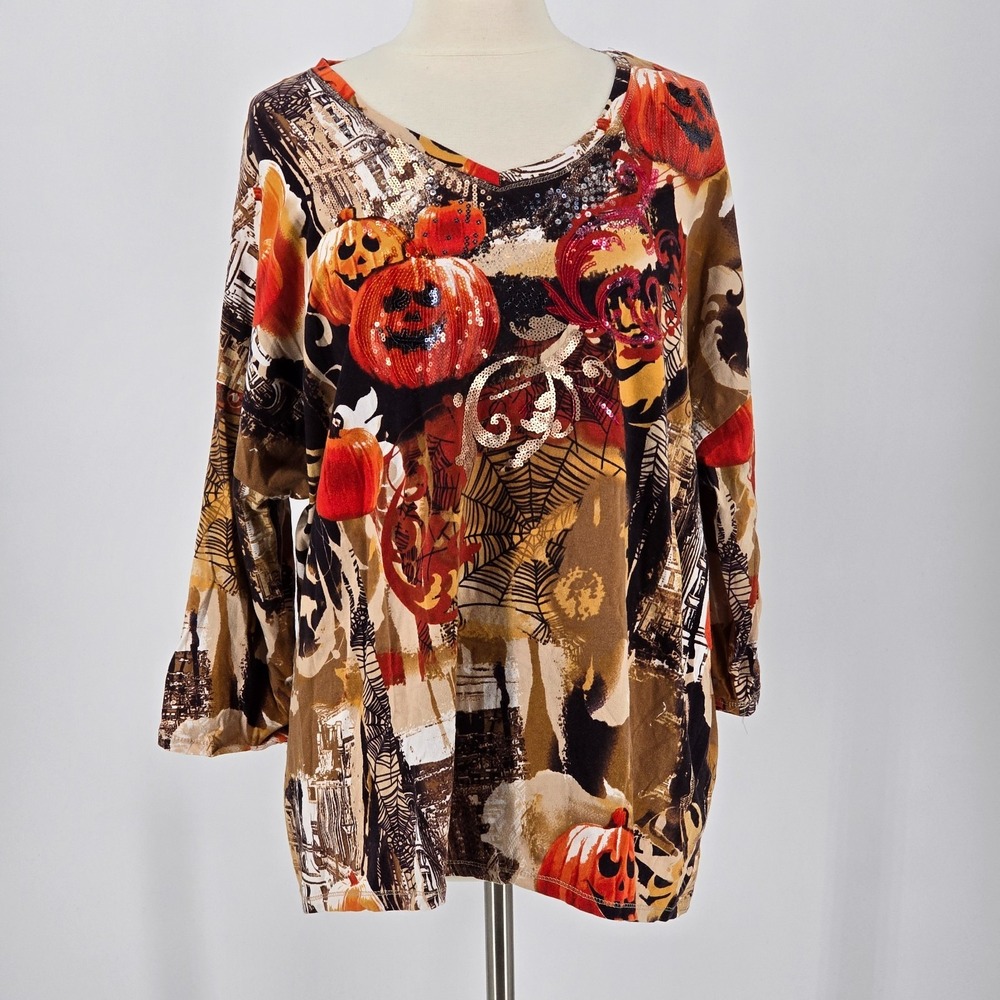 Onque Casuals 3X Halloween Jack O Lantern V Neck Top 3/4 Sleeve Sequins Sparkle